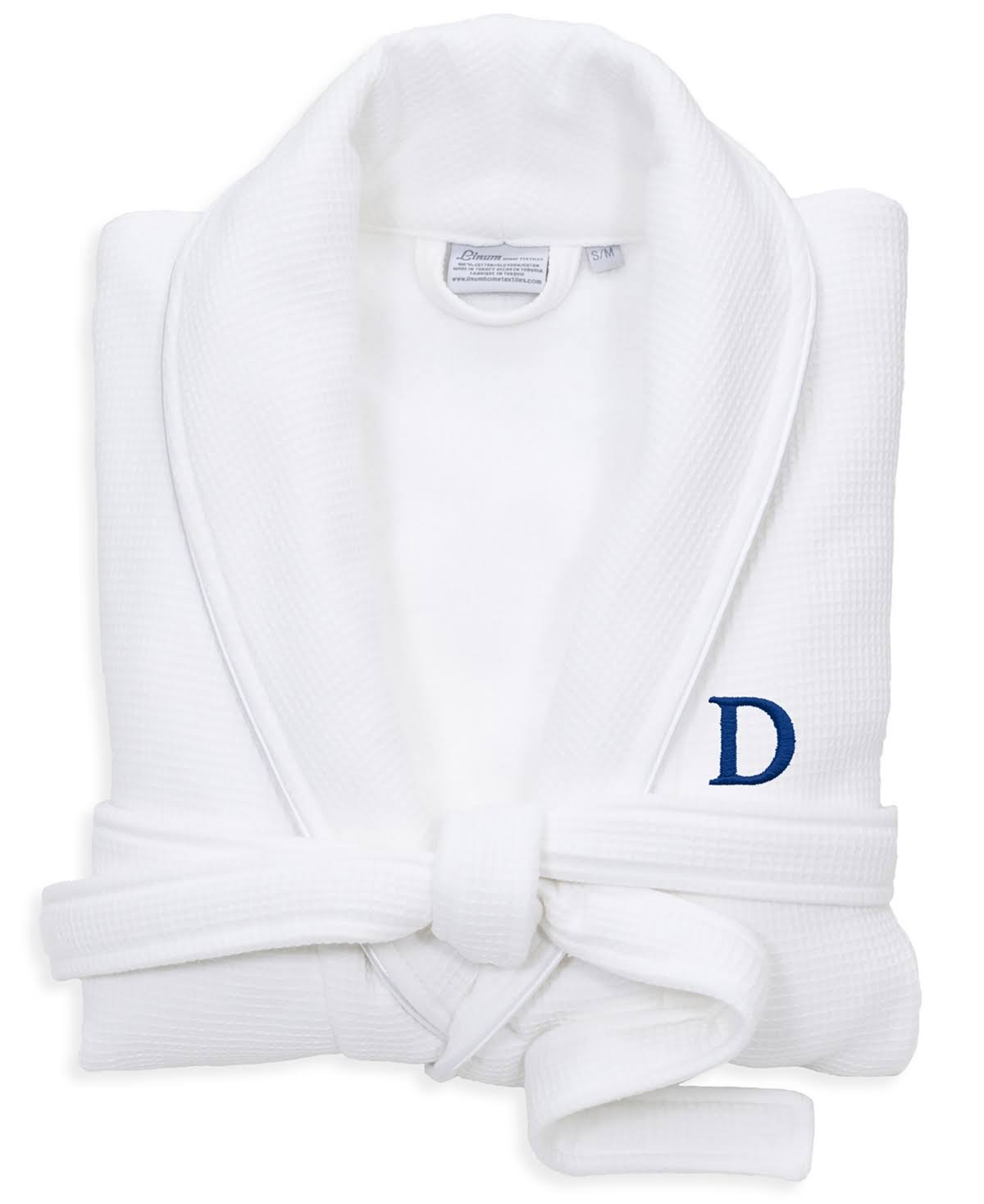 White Navy Turkish Cotton Waffle Terry Bathrobe with Satin Piped Trim Y535