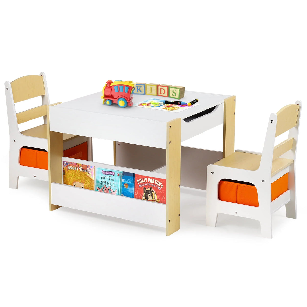 3 in 1 Kids Wood Table & 2 Chairs Set Grey Q473791
