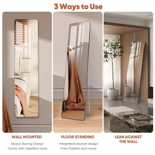 Full-Length Mirror, Black Wall-Mounted, Floor-to-Ceiling Mirror with Safety Rounded Edges J531126