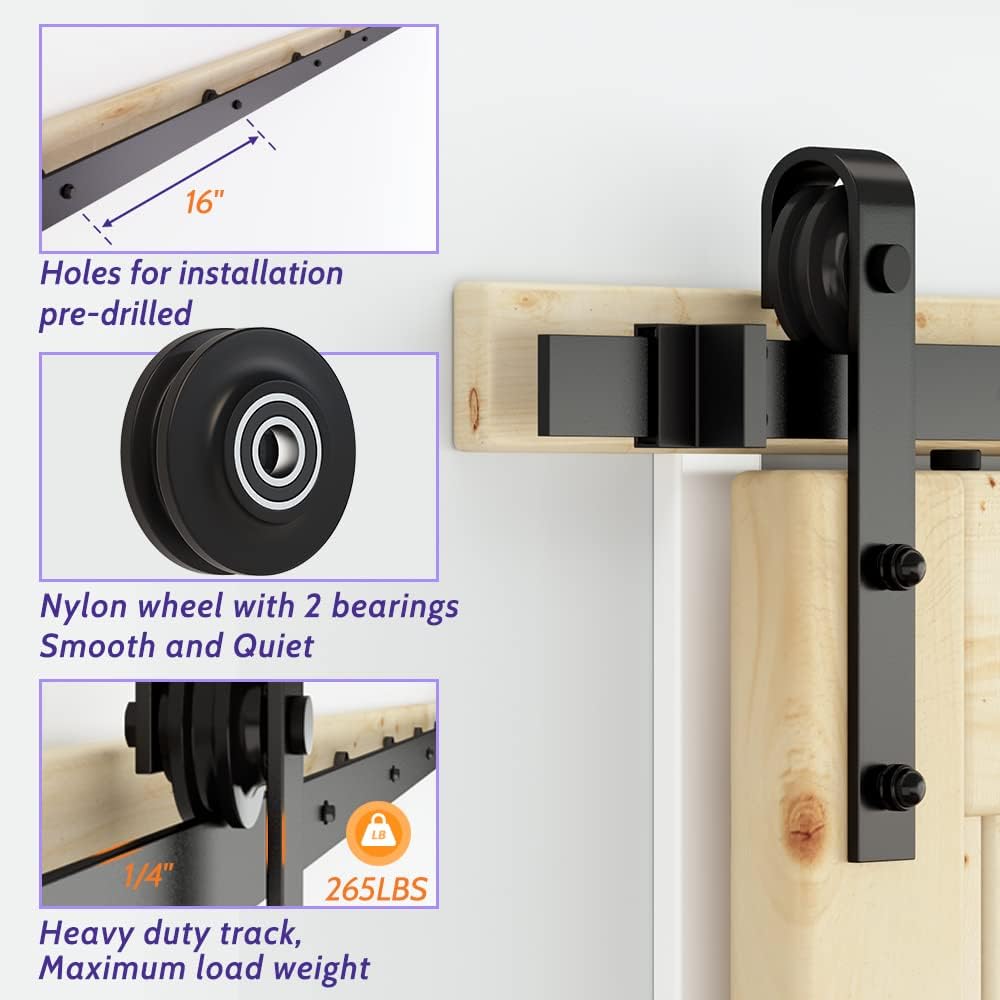 5FT Single Door Sliding Barn Door Hardware Track Kit Black Pack of 2 B7391