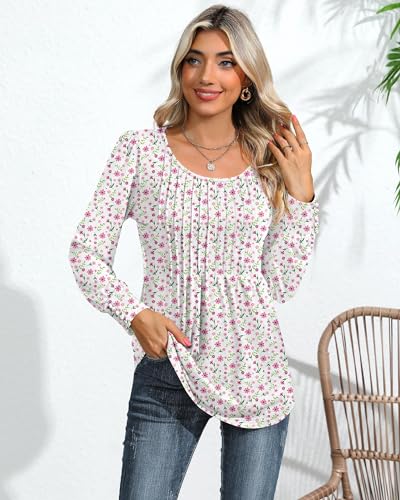Puff Long Sleeve Tunic Tops Pleated Crew Neck Blouses W258