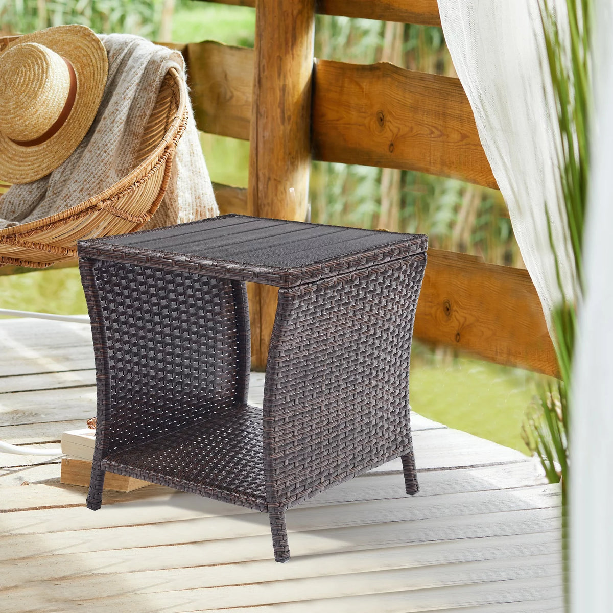 Brown Rattan Wicker Outdoor Side Table with Storage K334