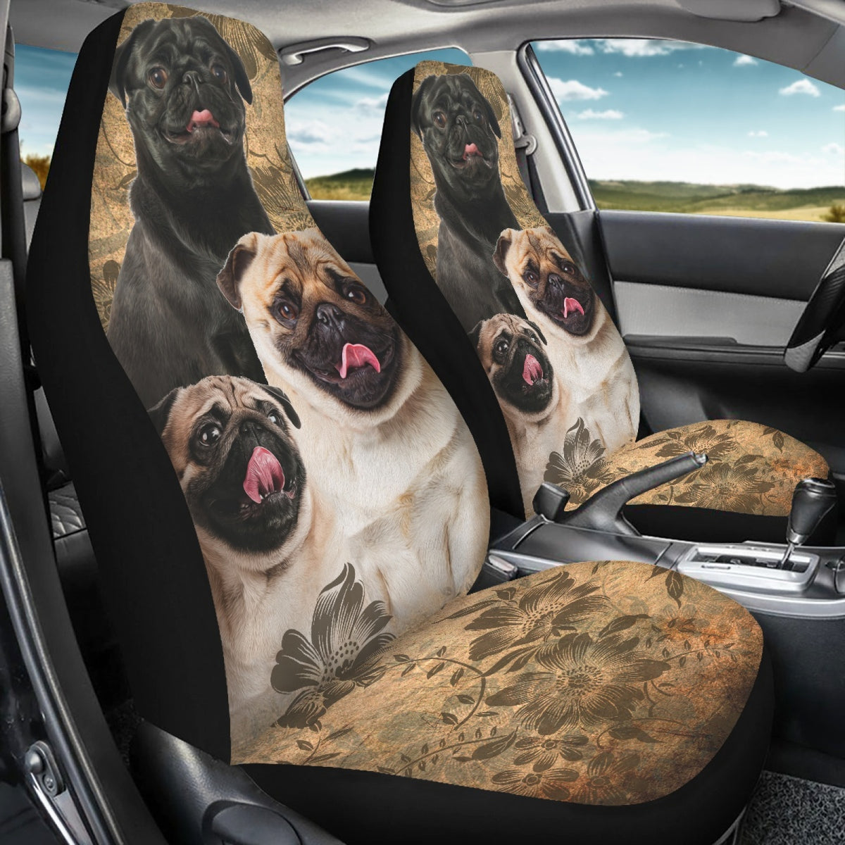 Pug Dog Floral Print Seat Covers, Set of 2 Pcs Q4501