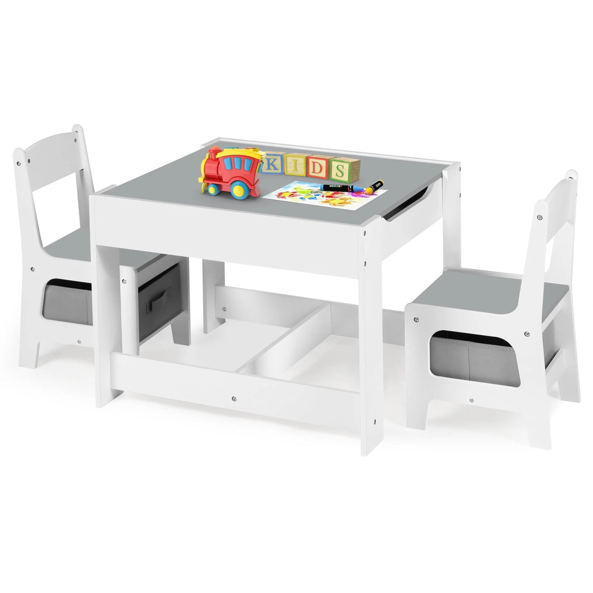 3 in 1 Kids Wood Table & 2 Chairs Set Grey Q473791