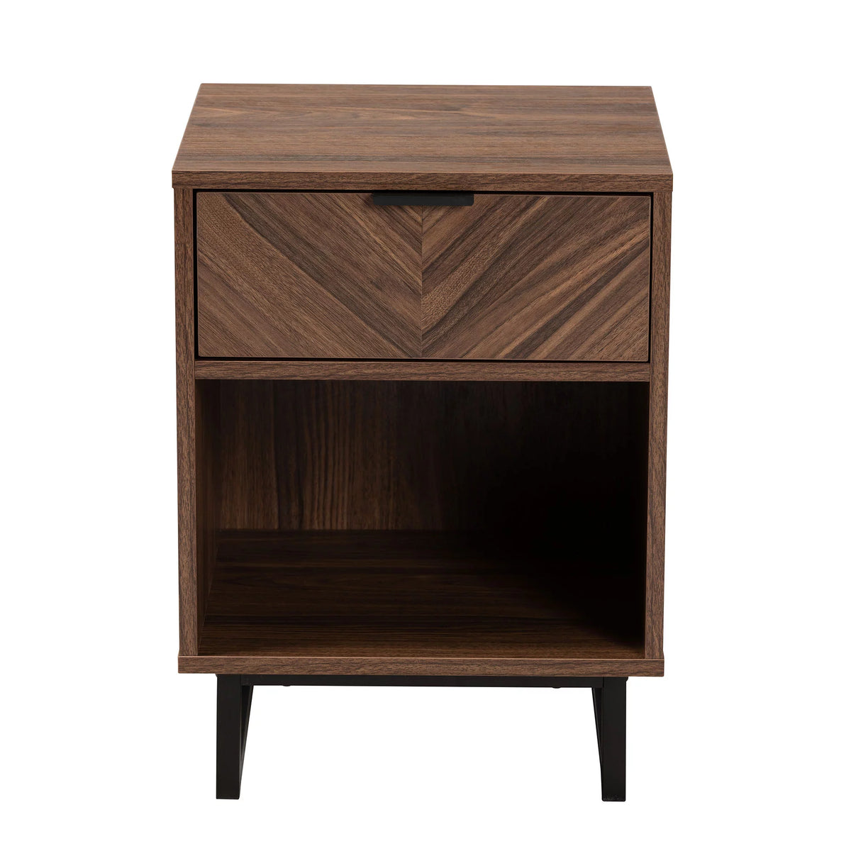 Walnut Brown Wood and Black Metal 1-Drawer End Table O4189
