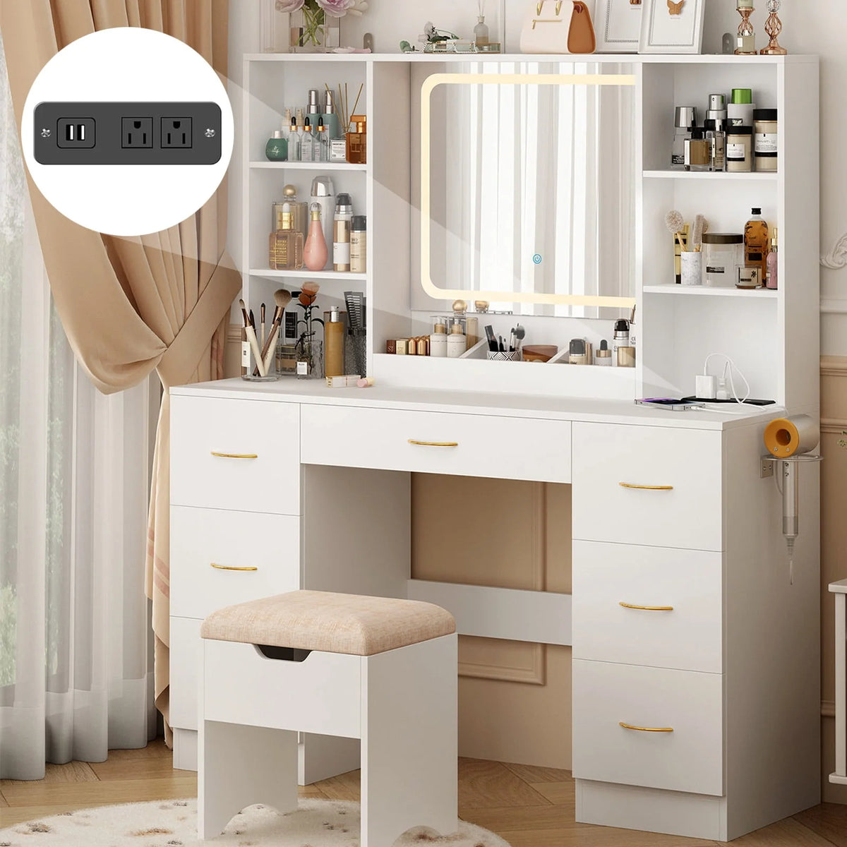 White 7 Drawer Vanity Desk with Lighted Mirror and Storage Stool S836747