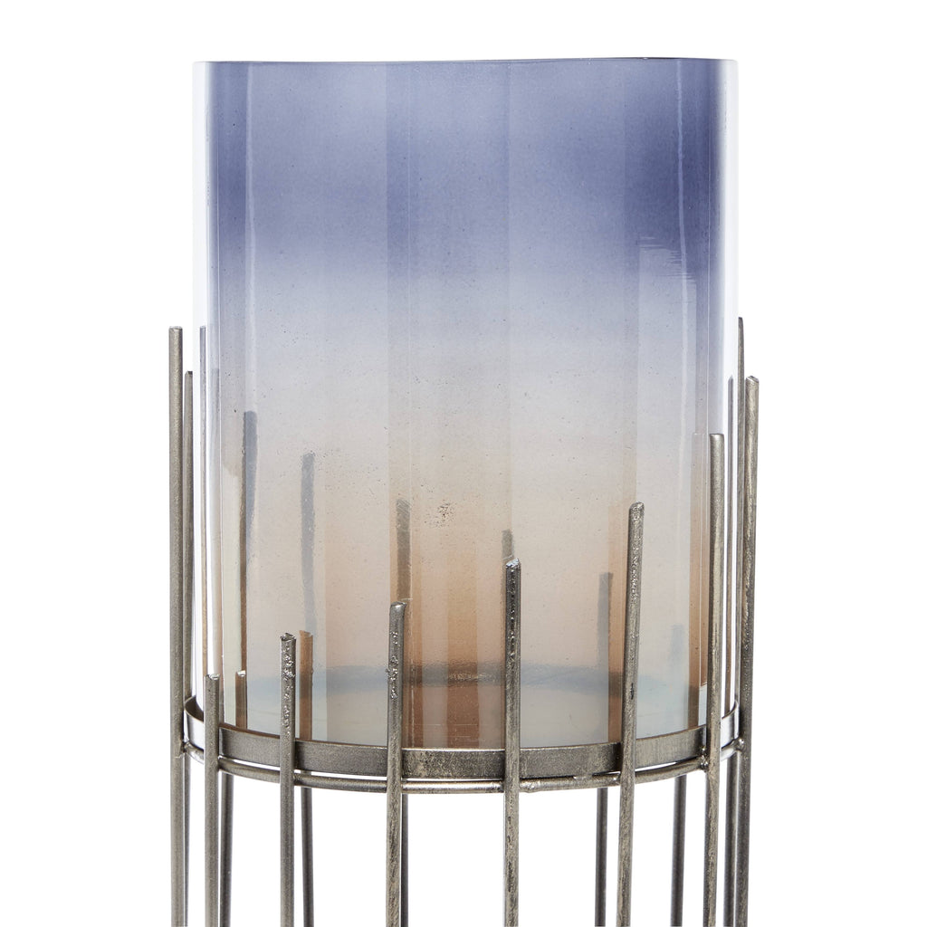 Multi Colored Glass Hurricane Candle Holder on Metal Stand K395972