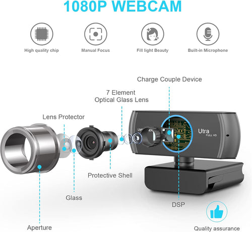 1080P Webcam with Microphone, USB Camera, Manual Focus, 100-degree FOV, Pack of 2 P39438