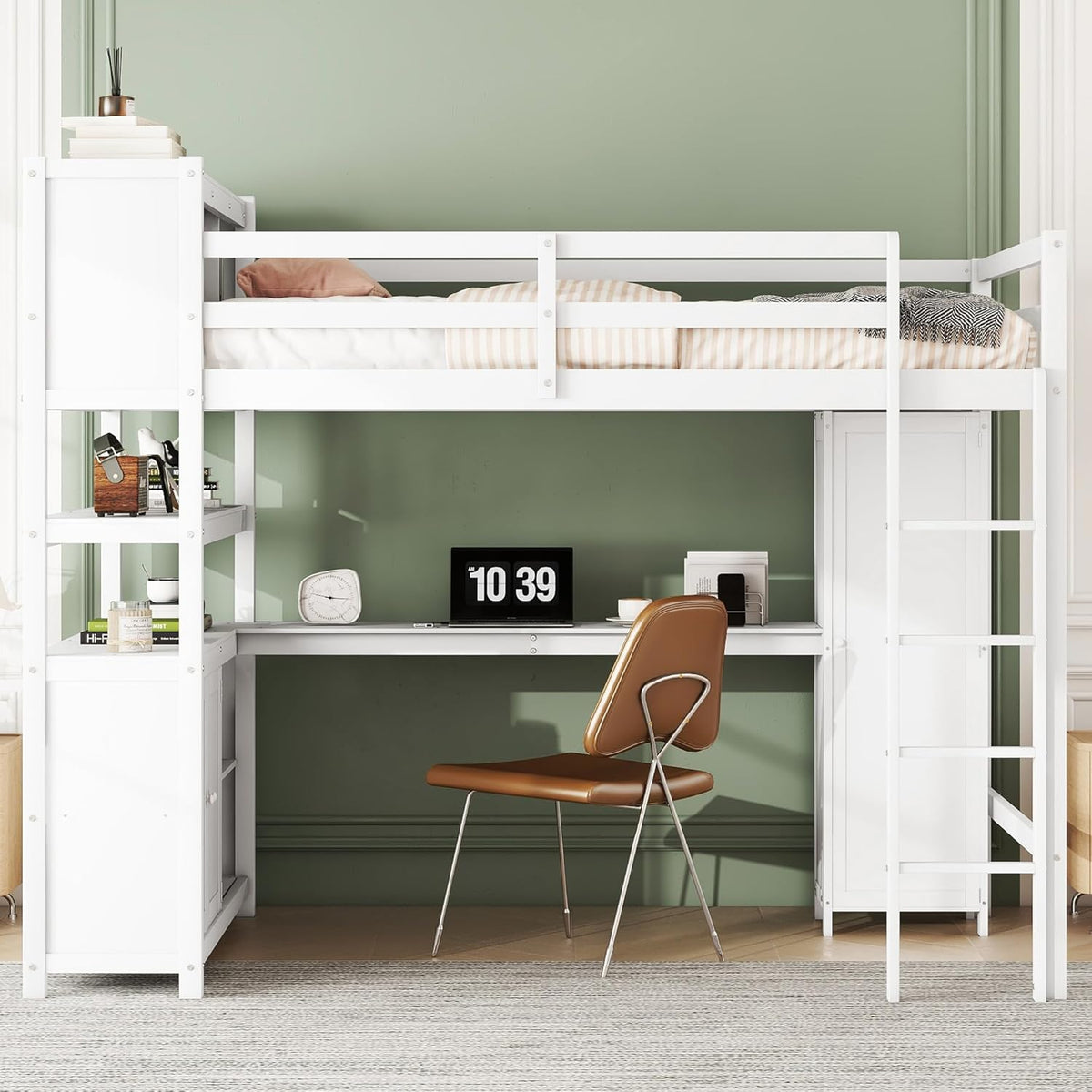 Full Size Loft Bed with Built-in Desk and Bookshelf White Y7220