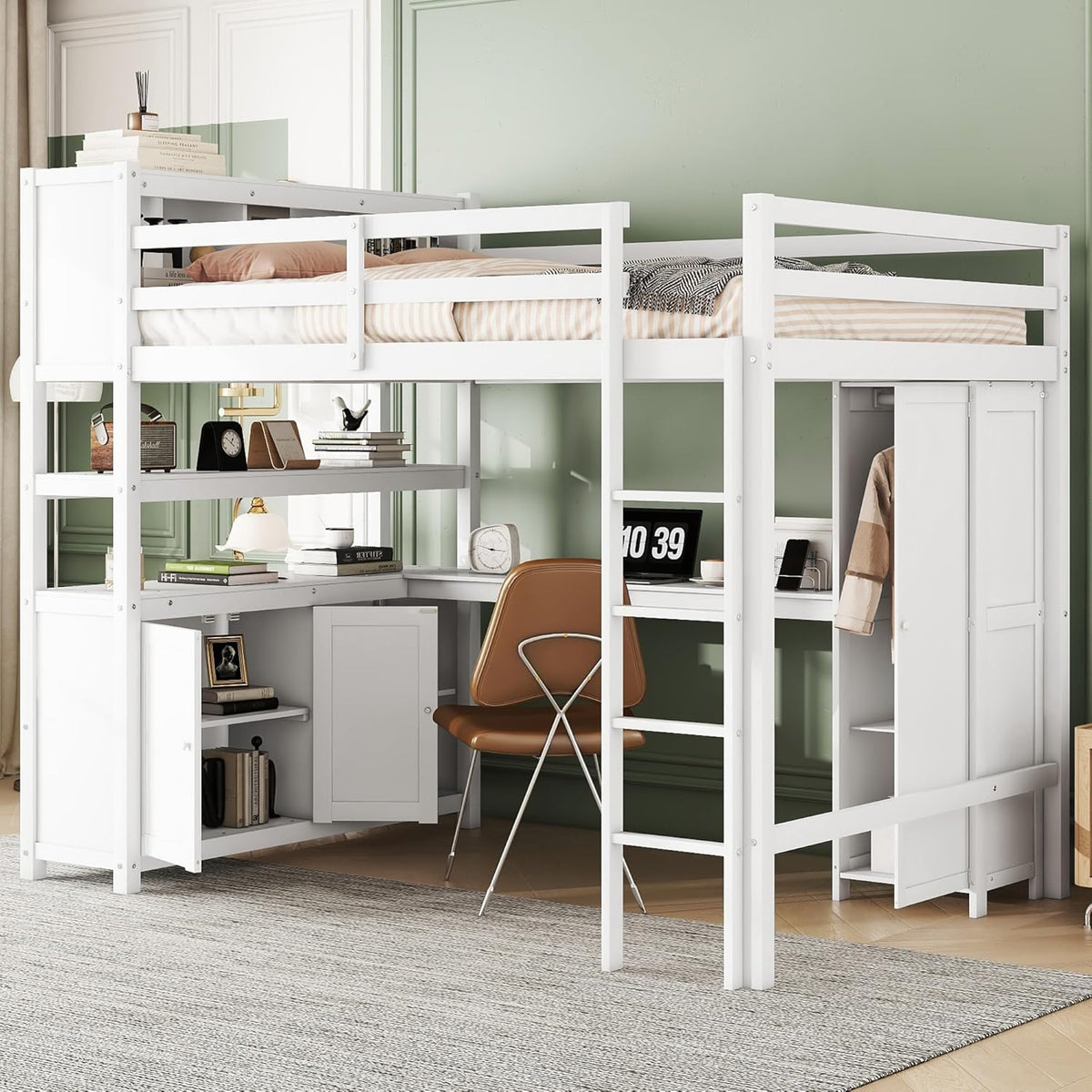 Full Size Loft Bed with Built-in Desk and Bookshelf White Y7220