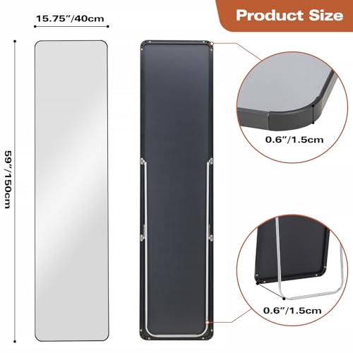 Full-Length Mirror, Black Wall-Mounted, Floor-to-Ceiling Mirror with Safety Rounded Edges J531126
