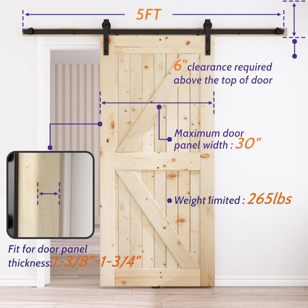 5FT Single Door Sliding Barn Door Hardware Track Kit Black Pack of 2 B7391