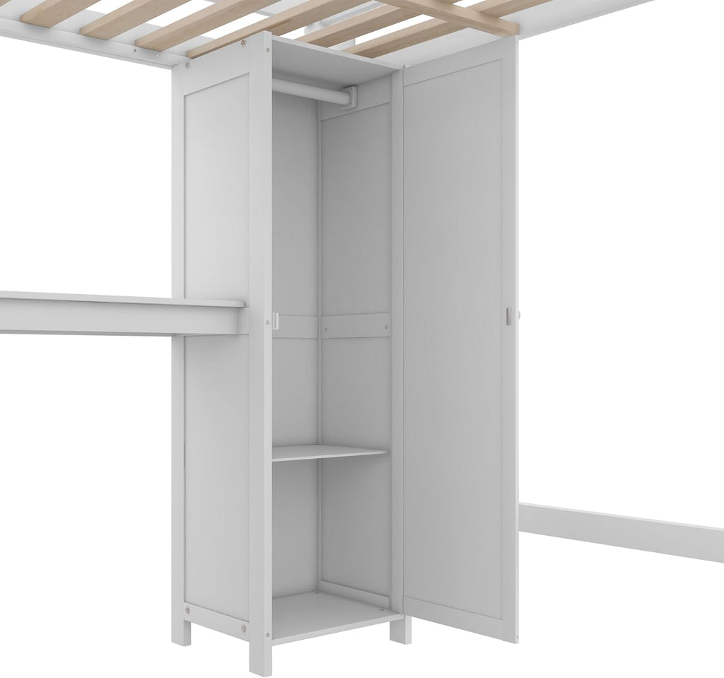 Full Size Loft Bed with Built-in Desk and Bookshelf White Y7220