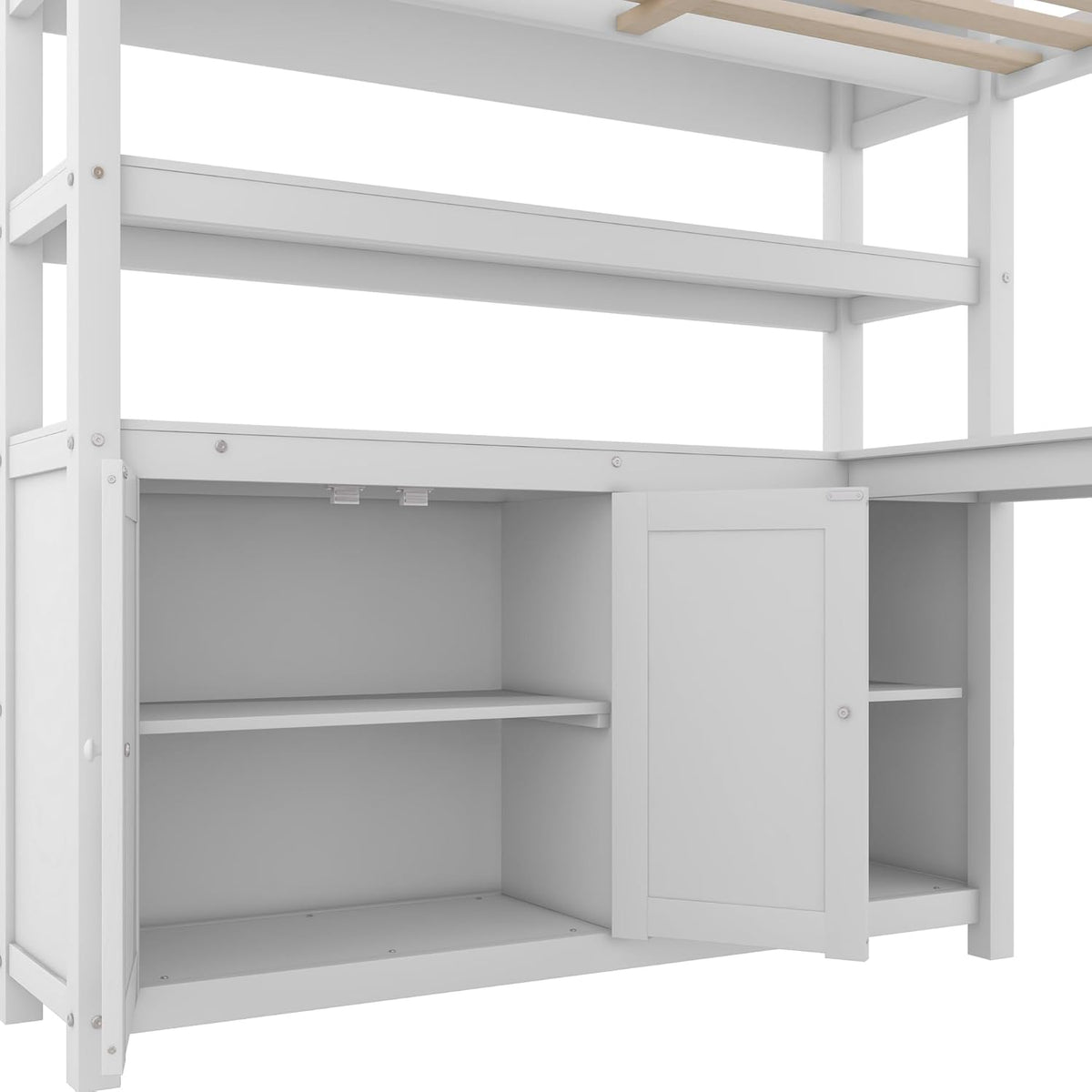 Full Size Loft Bed with Built-in Desk and Bookshelf White Y7220