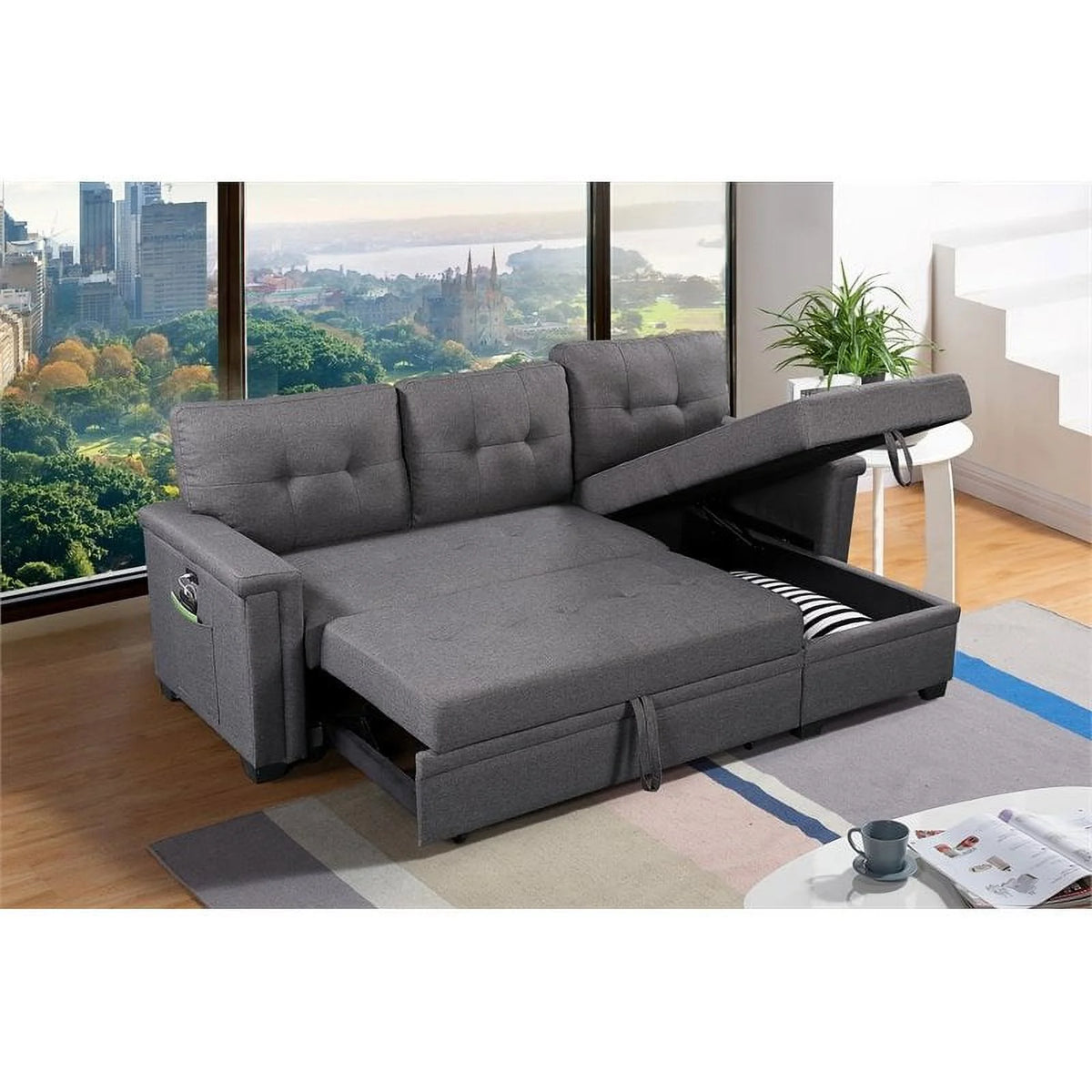 Gray Reversible Sleeper Sofa Storage Chaise with USB Charging Ports W44501