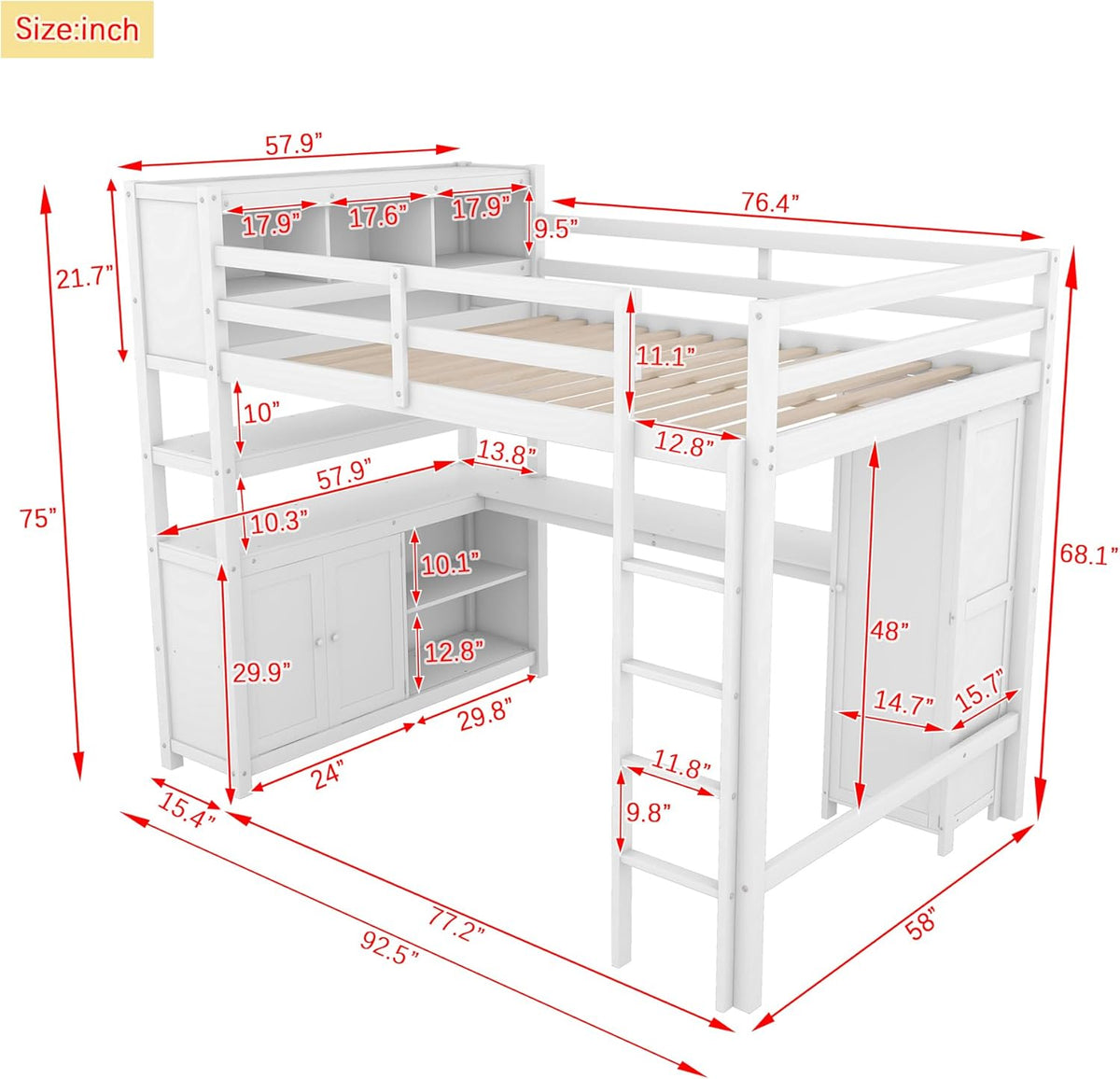 Full Size Loft Bed with Built-in Desk and Bookshelf White Y7220