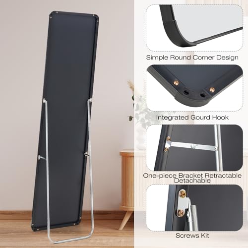Full-Length Mirror, Black Wall-Mounted, Floor-to-Ceiling Mirror with Safety Rounded Edges J531126