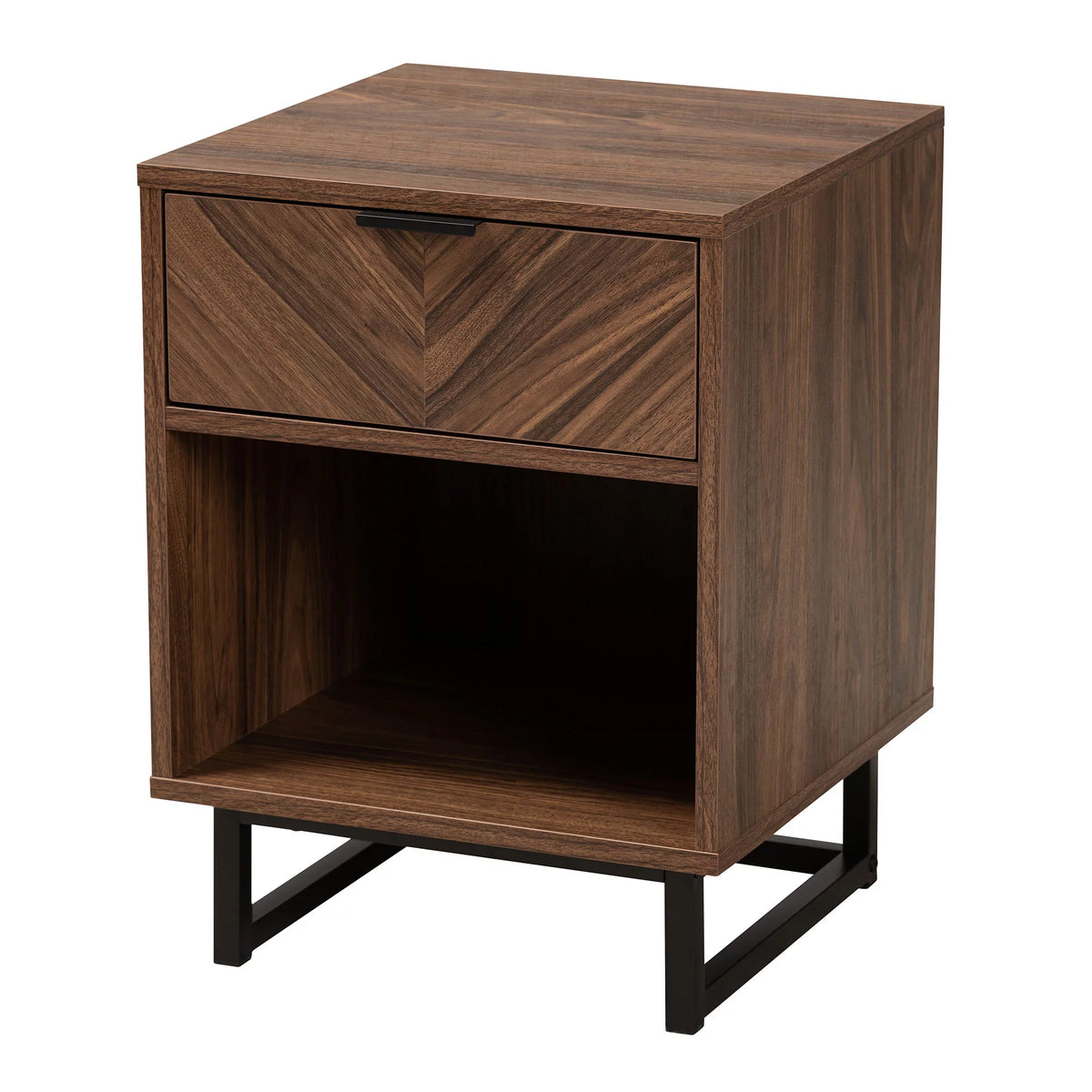 Walnut Brown Wood and Black Metal 1-Drawer End Table O4189