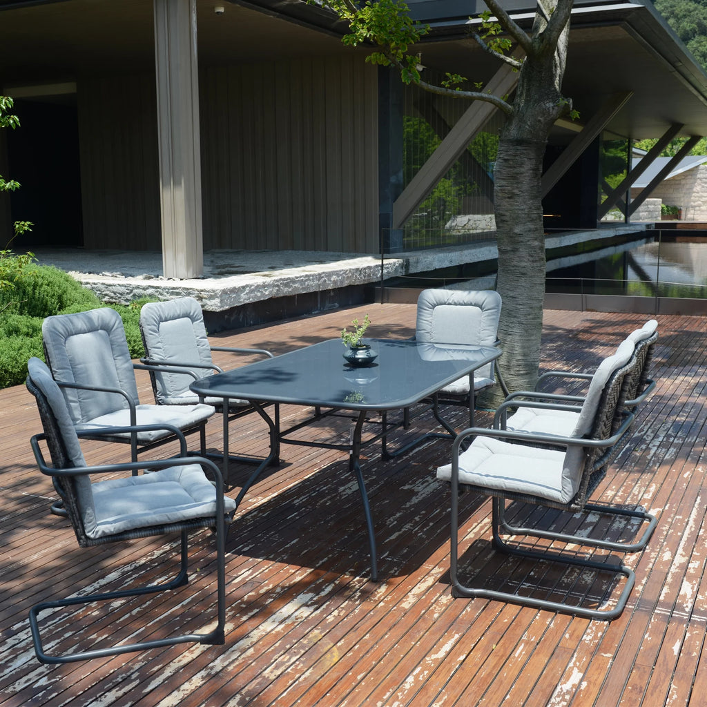 7 Pcs Wicker Dining Set with Tempered Glass Table H1185