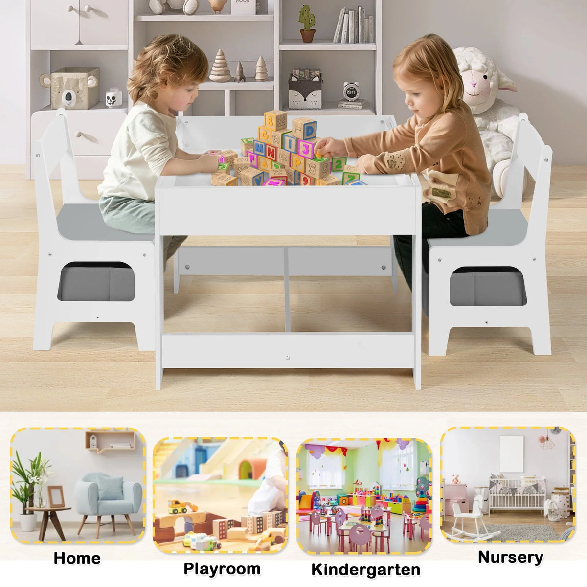 3 in 1 Kids Wood Table & 2 Chairs Set Grey Q473791
