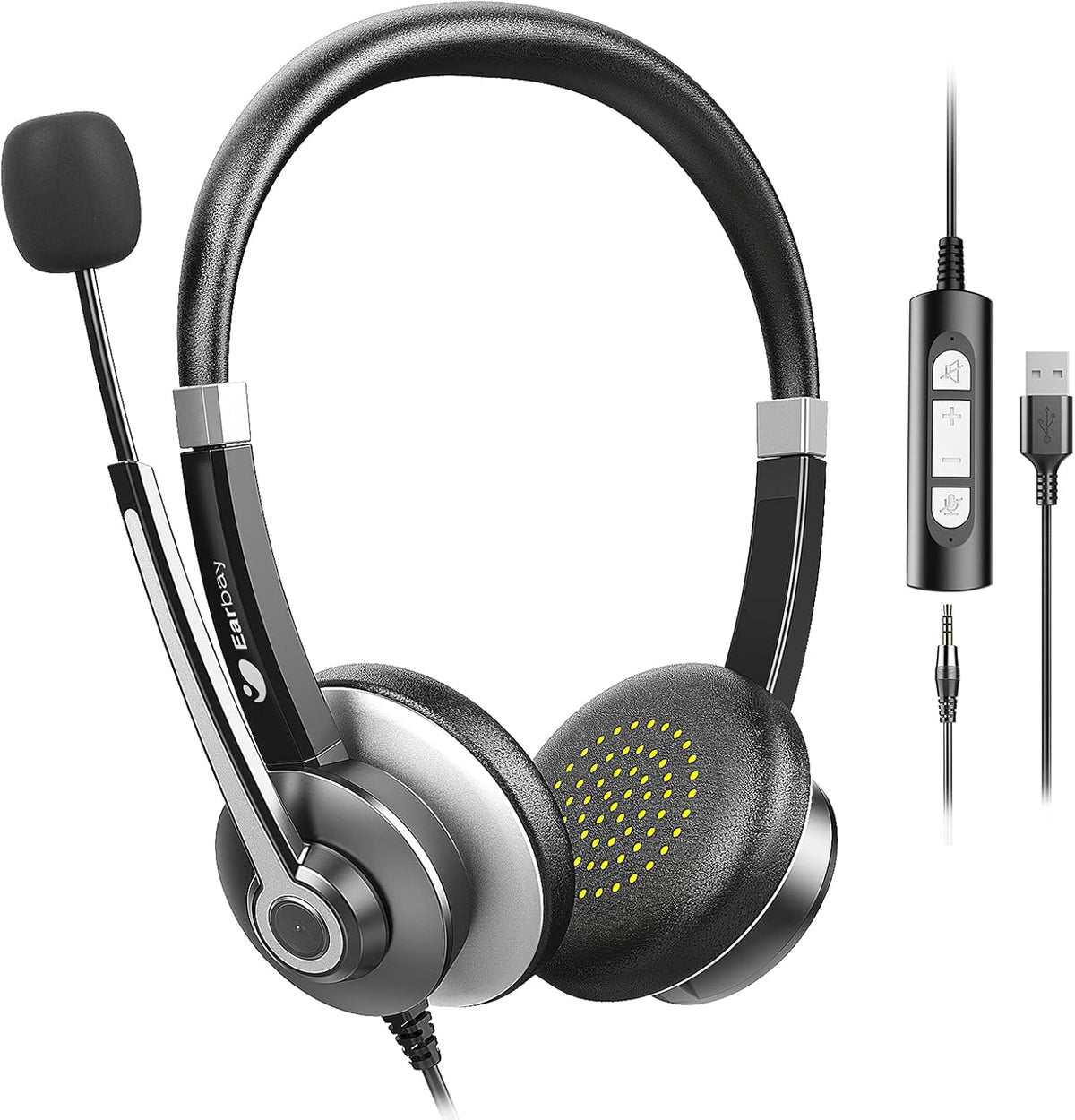 USB Headset with Microphone, 3.5mm Jack On-Ear Wired Headphones with Mic, Volume Control A8436