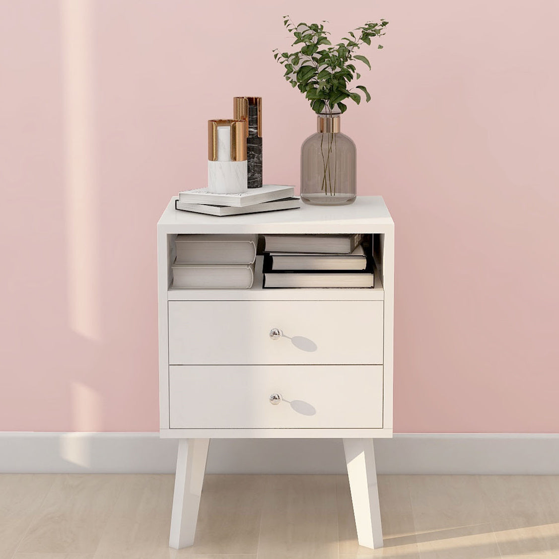 High Glossy 2 Drawer Wood Nightstand With Open Shelf V683930