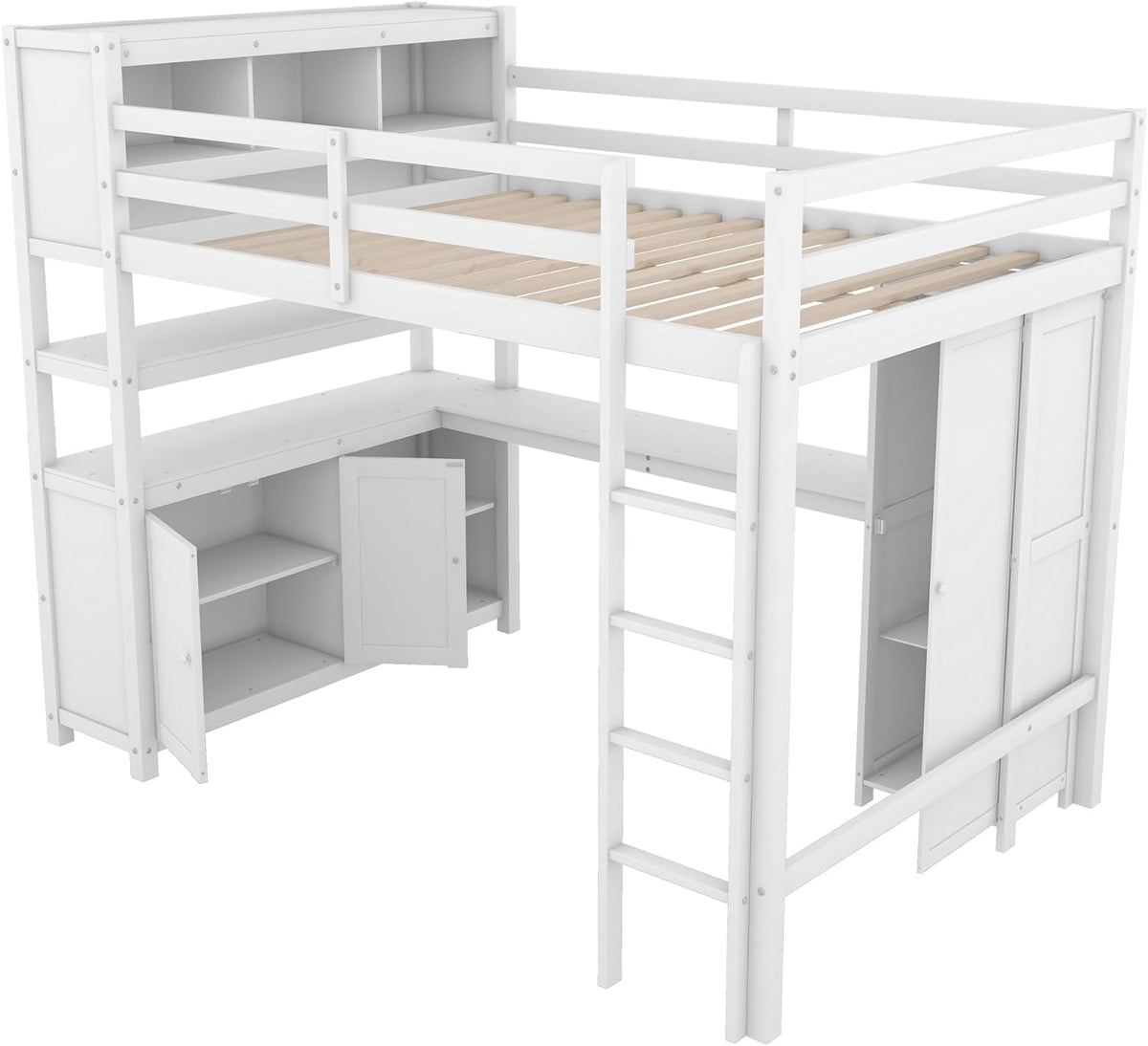 Full Size Loft Bed with Built-in Desk and Bookshelf White Y7220