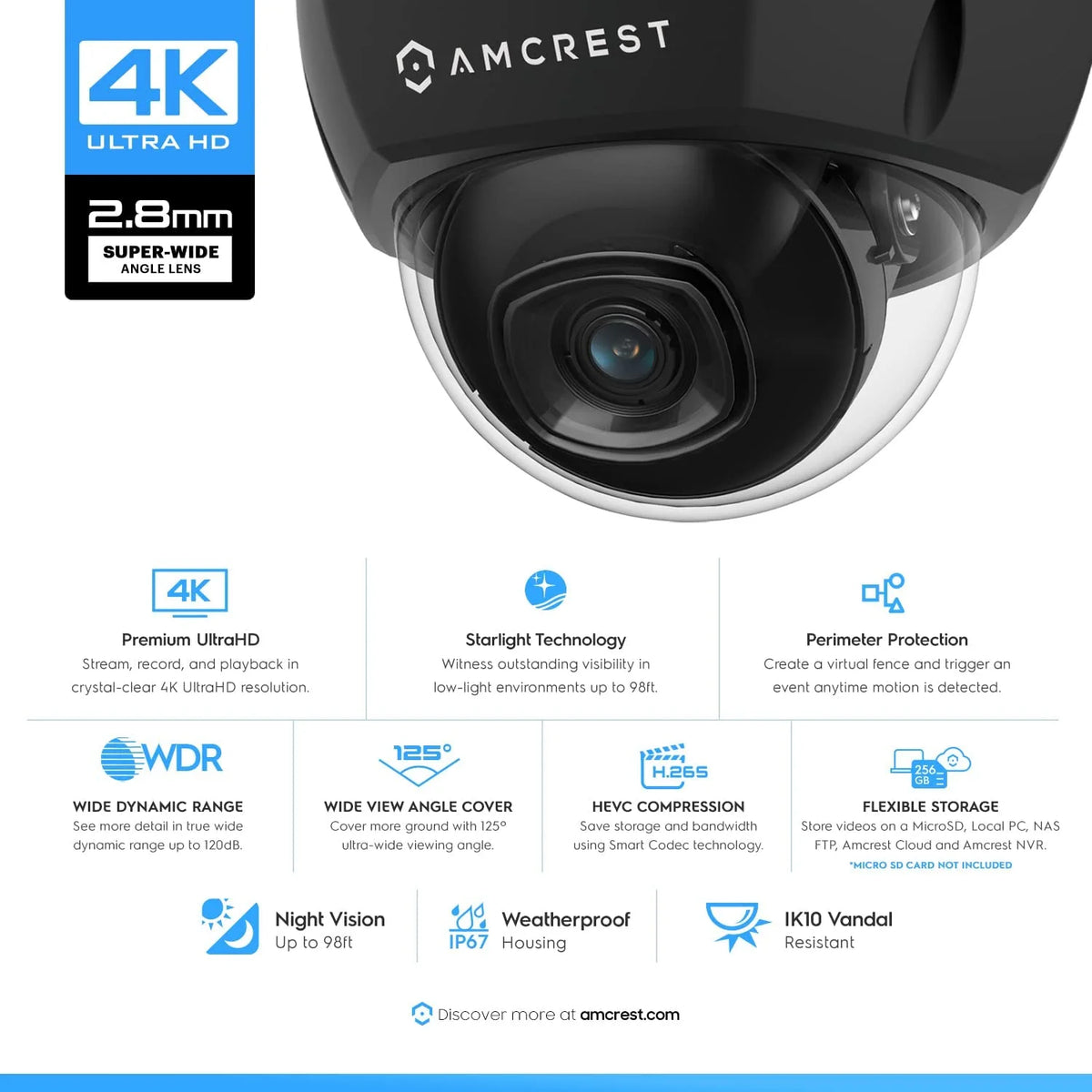 4K 8MP Outdoor Security POE IP Dome Camera with 98ft NightVision 2.8mm Lens P585