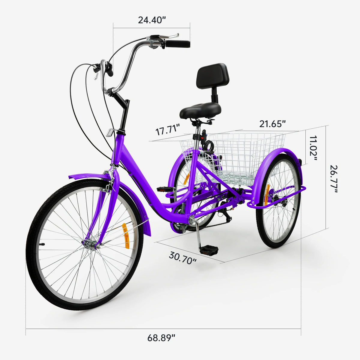 24 Purple 7-Speed Adult Tricycle with Seat and Rear Basket O217627