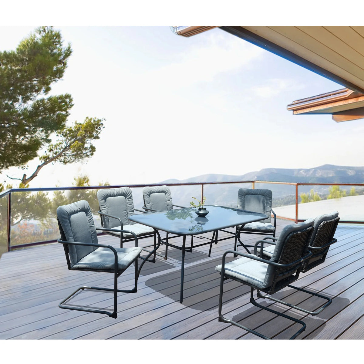 7 Pcs Wicker Dining Set with Tempered Glass Table H1185