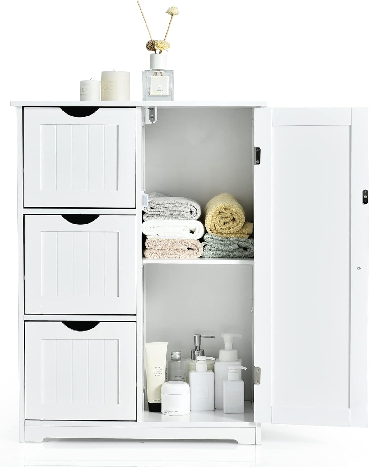 White Freestanding Bathroom Floor Cabinet with Adjustable Shelf and Three Drawers G68282