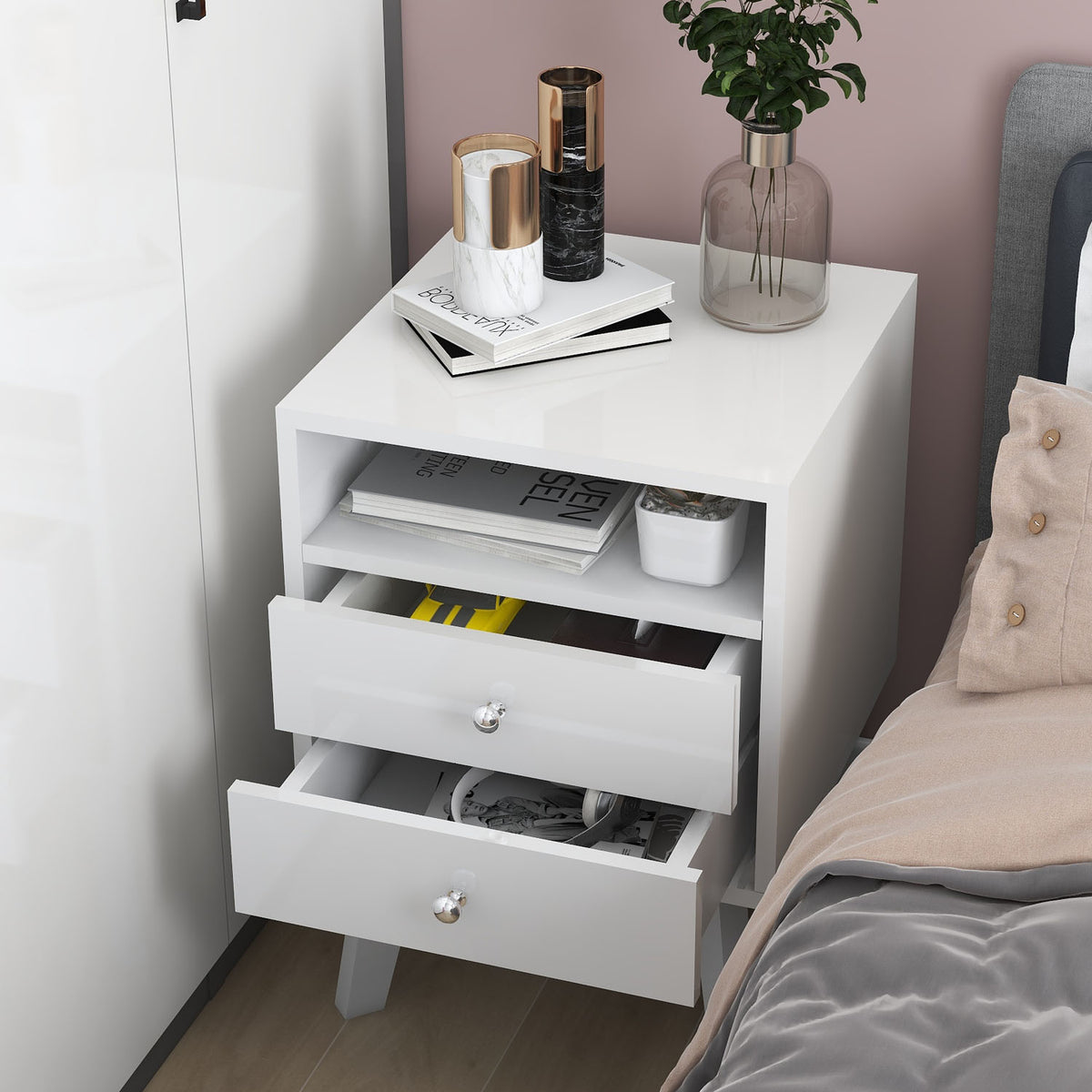 High Glossy 2 Drawer Wood Nightstand With Open Shelf V683930