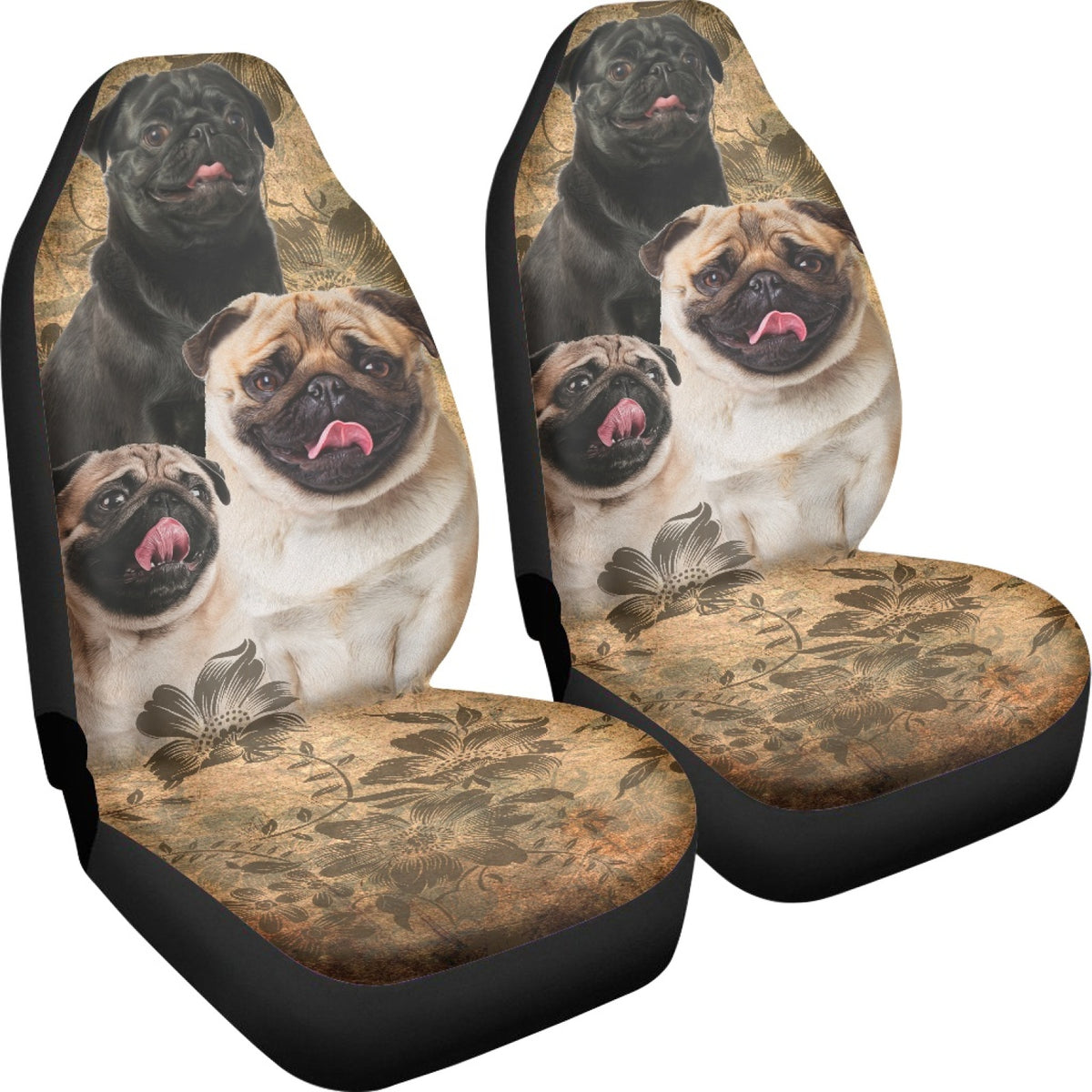 Pug Dog Floral Print Seat Covers, Set of 2 Pcs Q4501