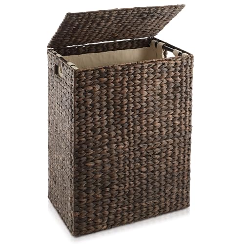 Natural Woven Water Hyacinth Laundry Hamper with Lid and Removable Liner Bag B5938