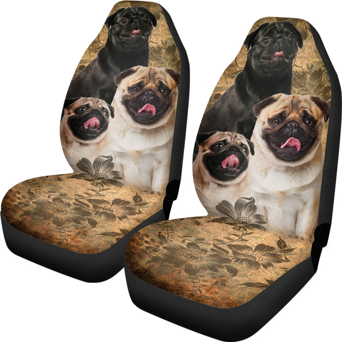 Pug Dog Floral Print Seat Covers, Set of 2 Pcs Q4501