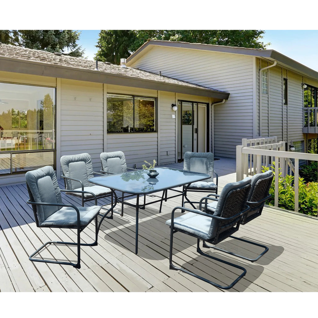 7 Pcs Wicker Dining Set with Tempered Glass Table H1185