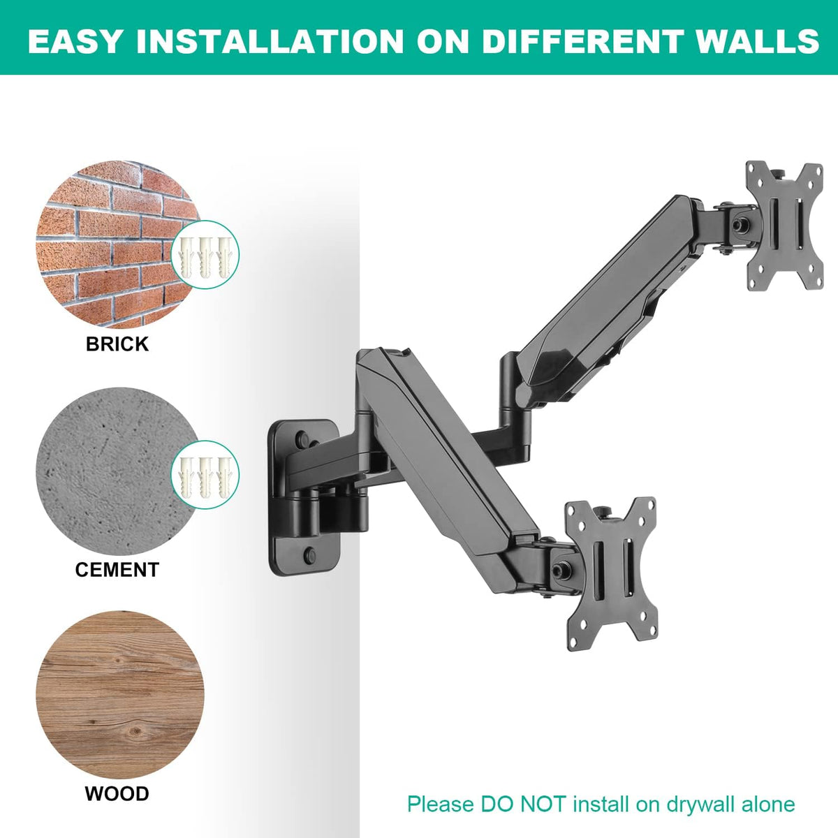 Dual Monitor Wall Mount for Two 17-32 inch Flat/Curved Screens, Height Adjustable Gas Spring, VESA 75/100 V6450