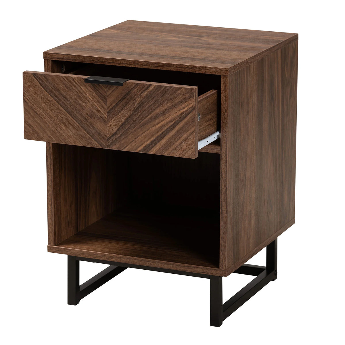 Walnut Brown Wood and Black Metal 1-Drawer End Table O4189