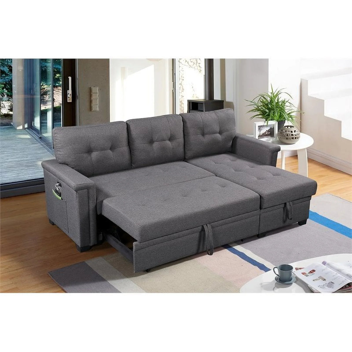 Gray Reversible Sleeper Sofa Storage Chaise with USB Charging Ports W44501