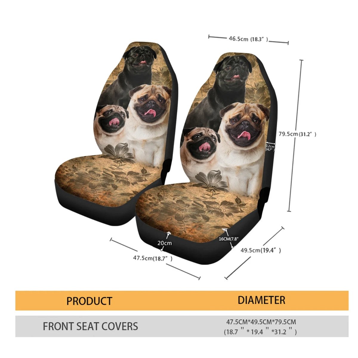 Pug Dog Floral Print Seat Covers, Set of 2 Pcs Q4501
