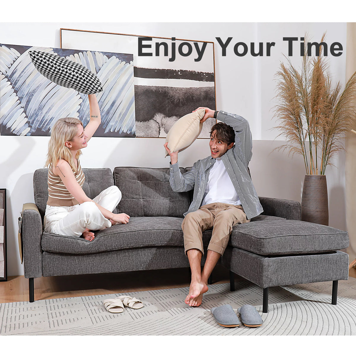 Grey Chenille L Shaped Sectional Sofa with Reversible Chaise J6813