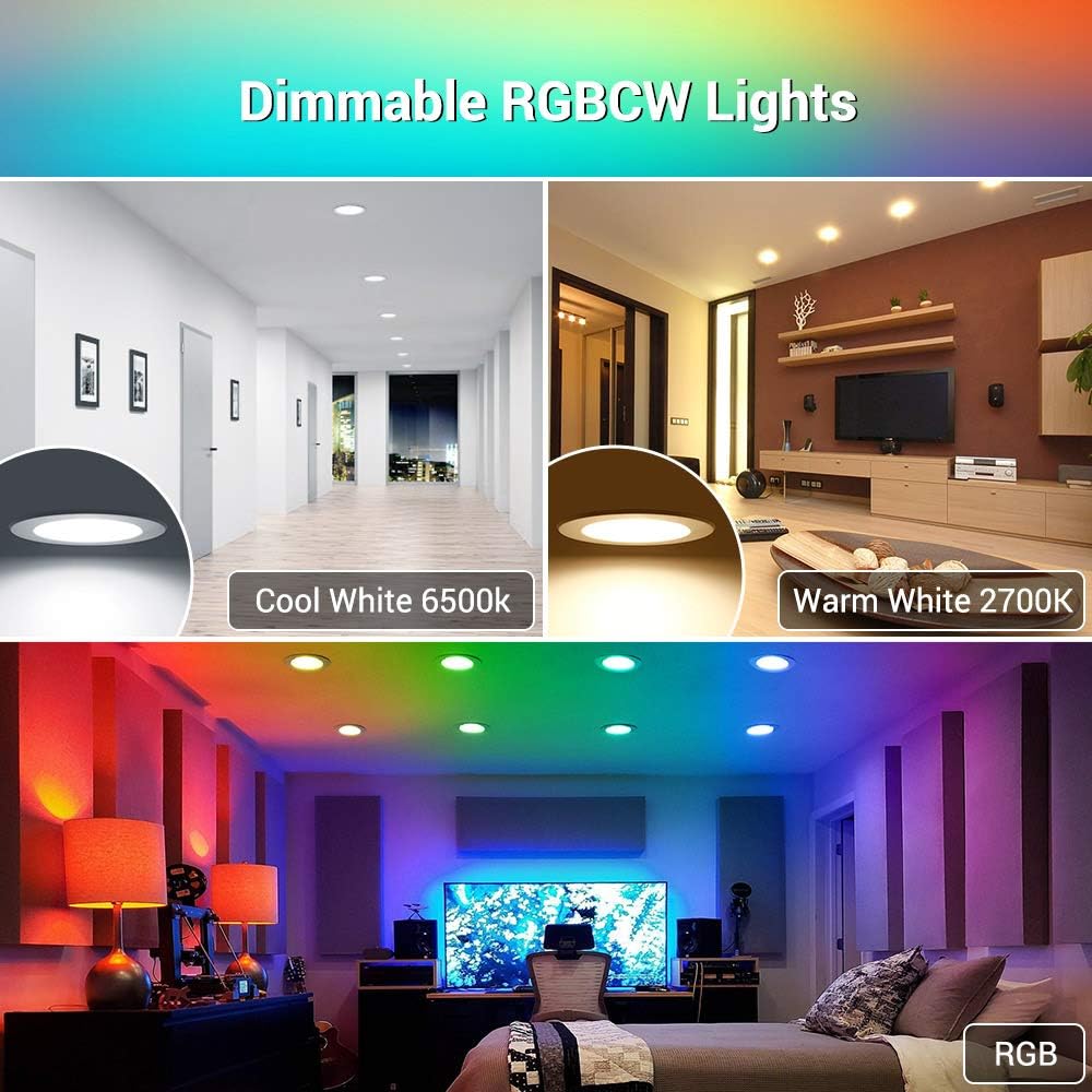 6 inch Dimmable RGBCW 15W 4-Pack LED Recessed Downlights A916412