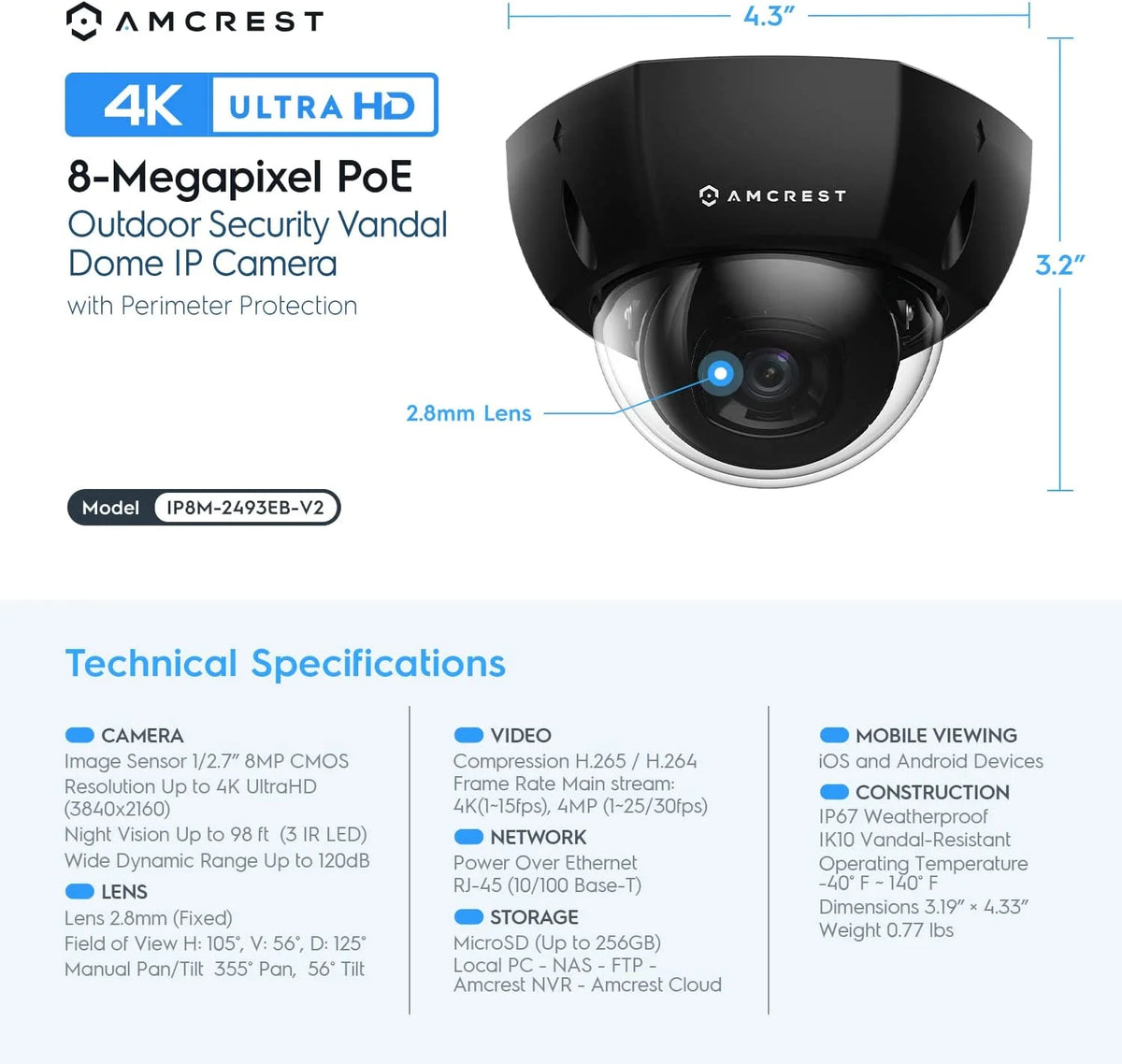 4K 8MP Outdoor Security POE IP Dome Camera with 98ft NightVision 2.8mm Lens P585