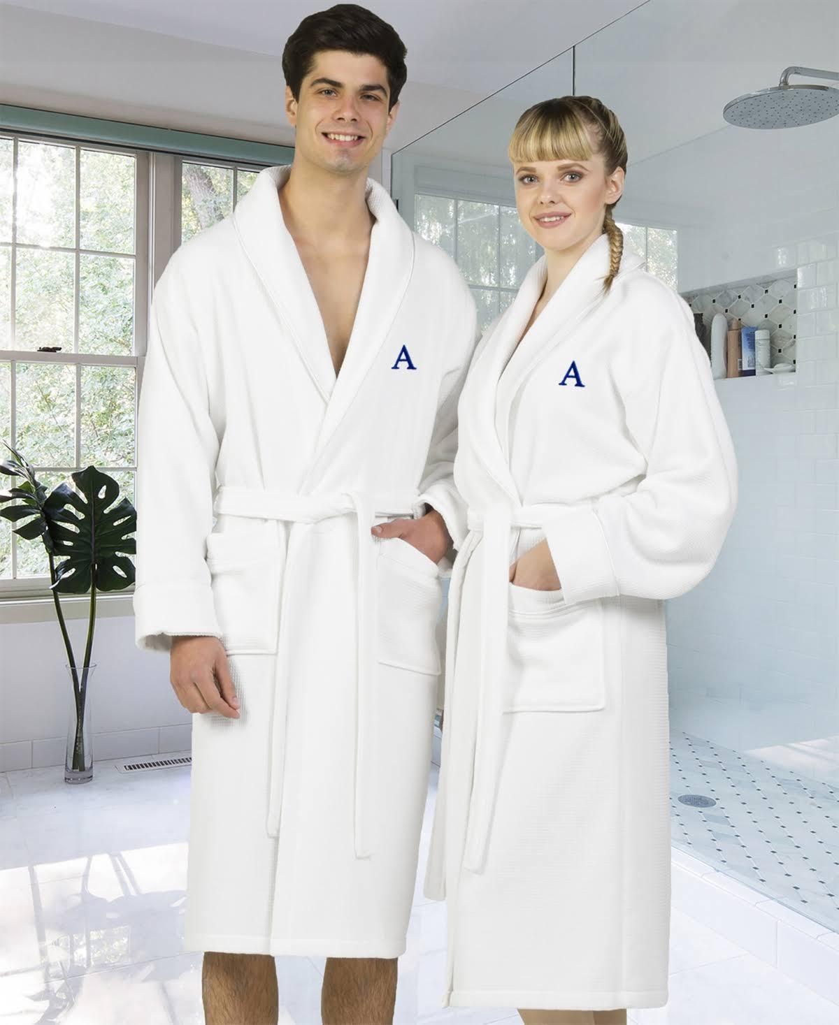 White Navy Turkish Cotton Waffle Terry Bathrobe with Satin Piped Trim Y535