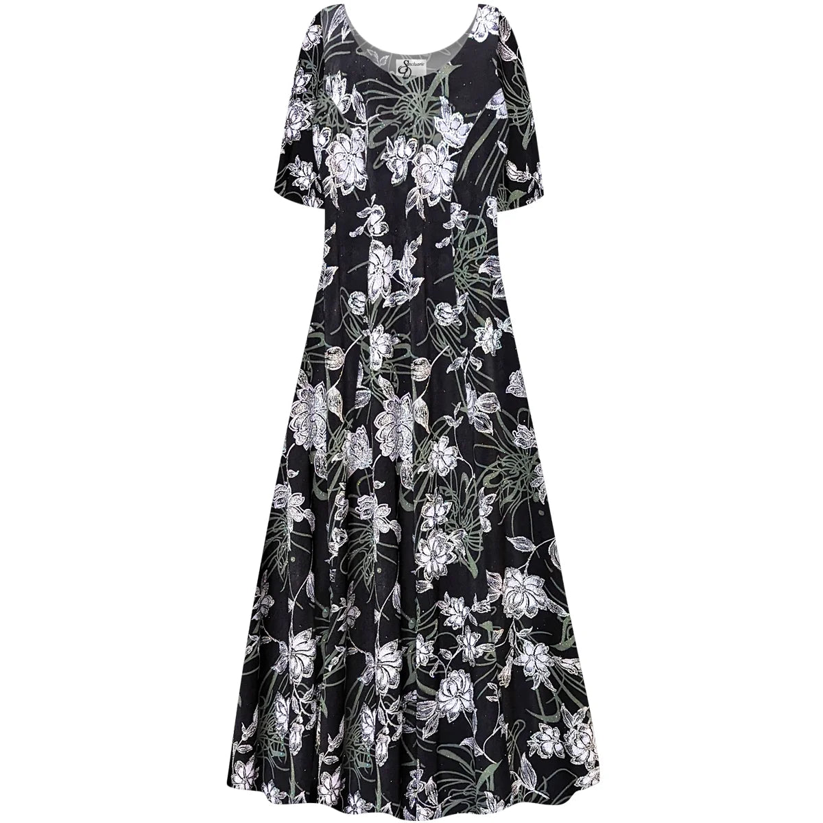 Silver Glitter Floral Print Short Sleeve Princess Cut Dress A56236