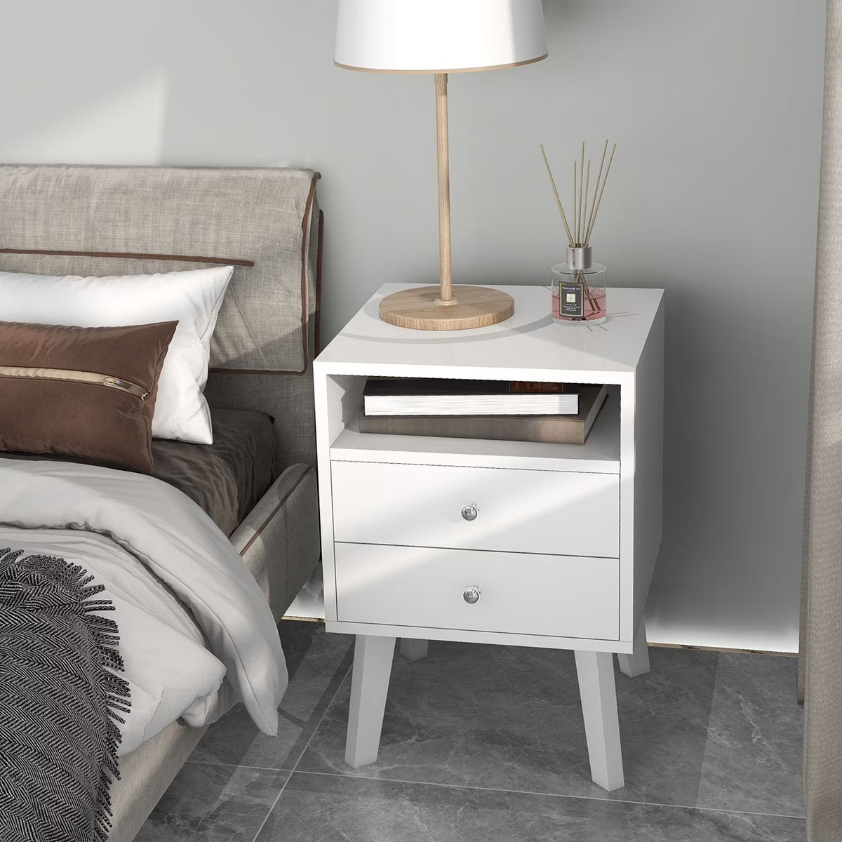 High Glossy 2 Drawer Wood Nightstand With Open Shelf V683930