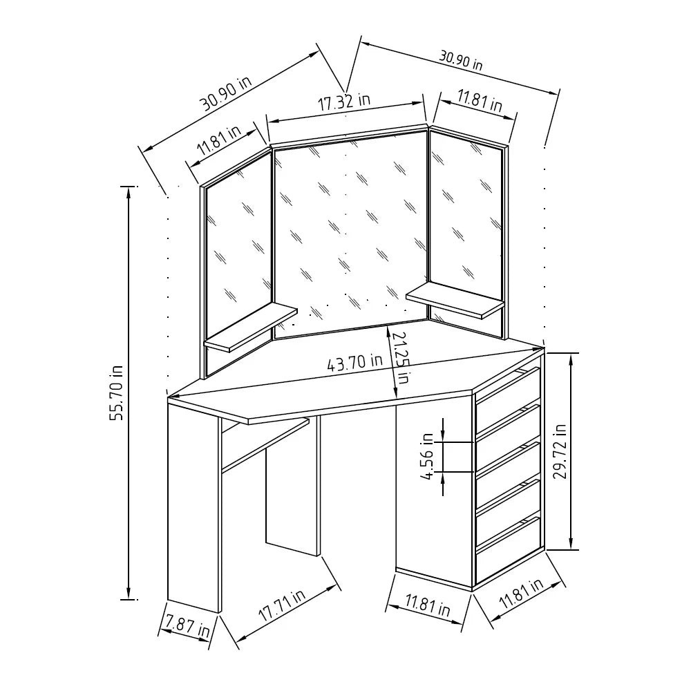 Corner Makeup Vanity Desk with 3 Mirrors and 5 Drawers A50643