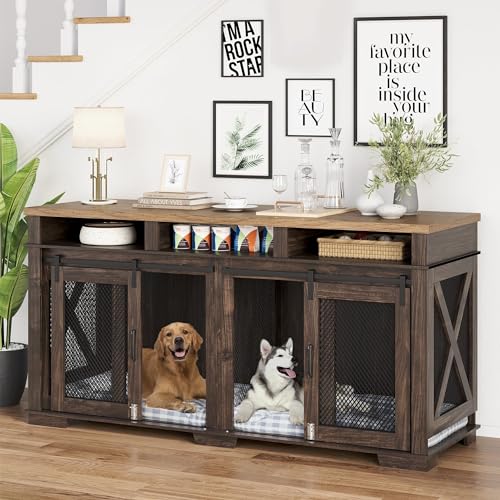 Brown Wooden Dog Crate with 3 Storages and Removable Divider D109