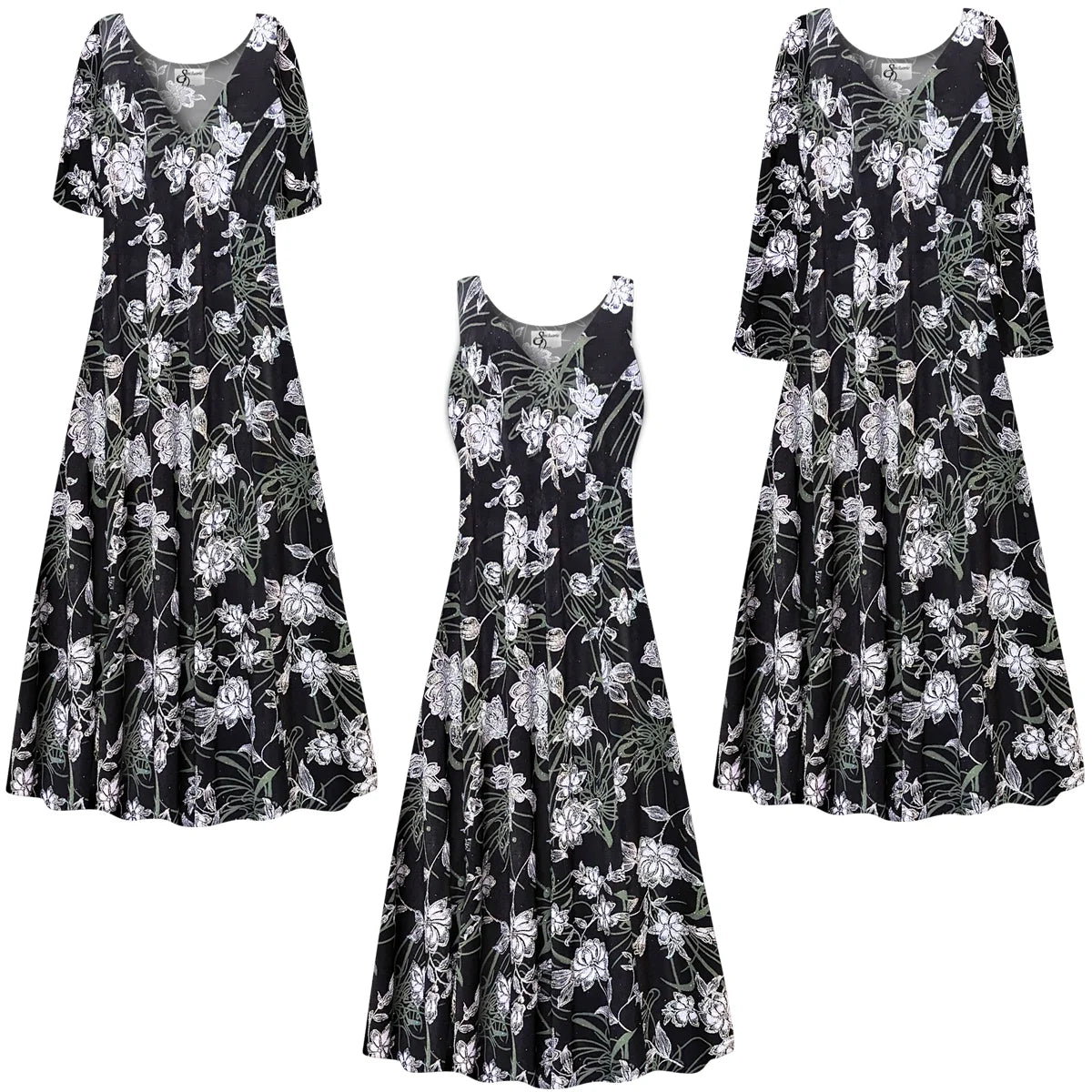 Silver Glitter Floral Print Short Sleeve Princess Cut Dress A56236