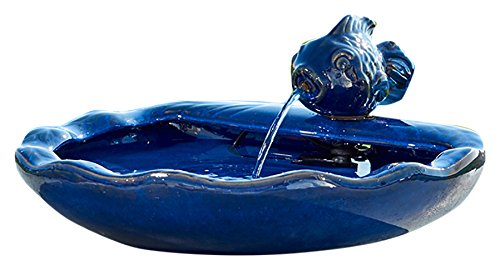 Ceramic Solar Koi Fountain, Blue Glazed Finish S1832